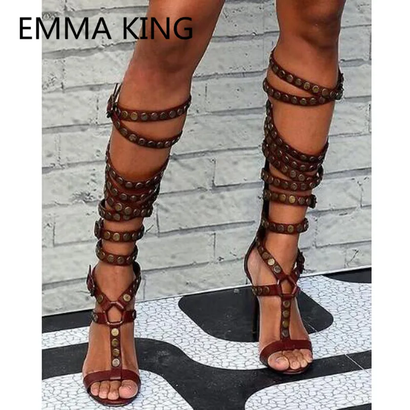 2019 Buckle Metal Button Women Summer Knee High Boots Open Toe Sexy High Heel Ladies Roman Shoes Woman Fashion Gladiator Sandals