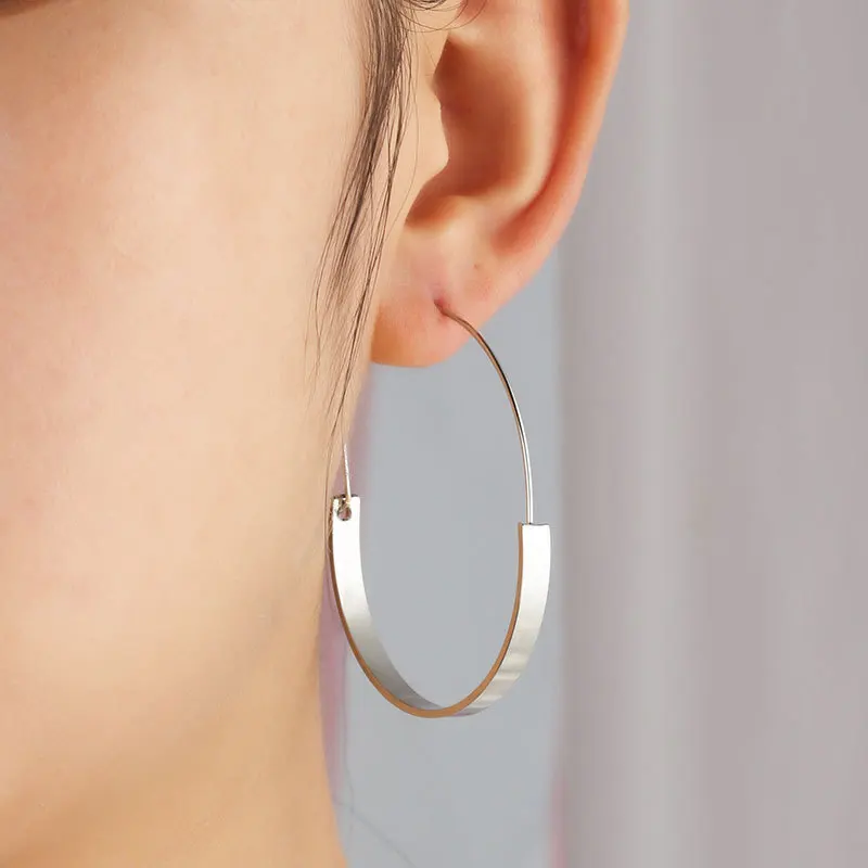 Semicircle Metallic Band Golden Silver Plated Wide & Thin Band Big OL Style Piercing Hoop Earrings for Women