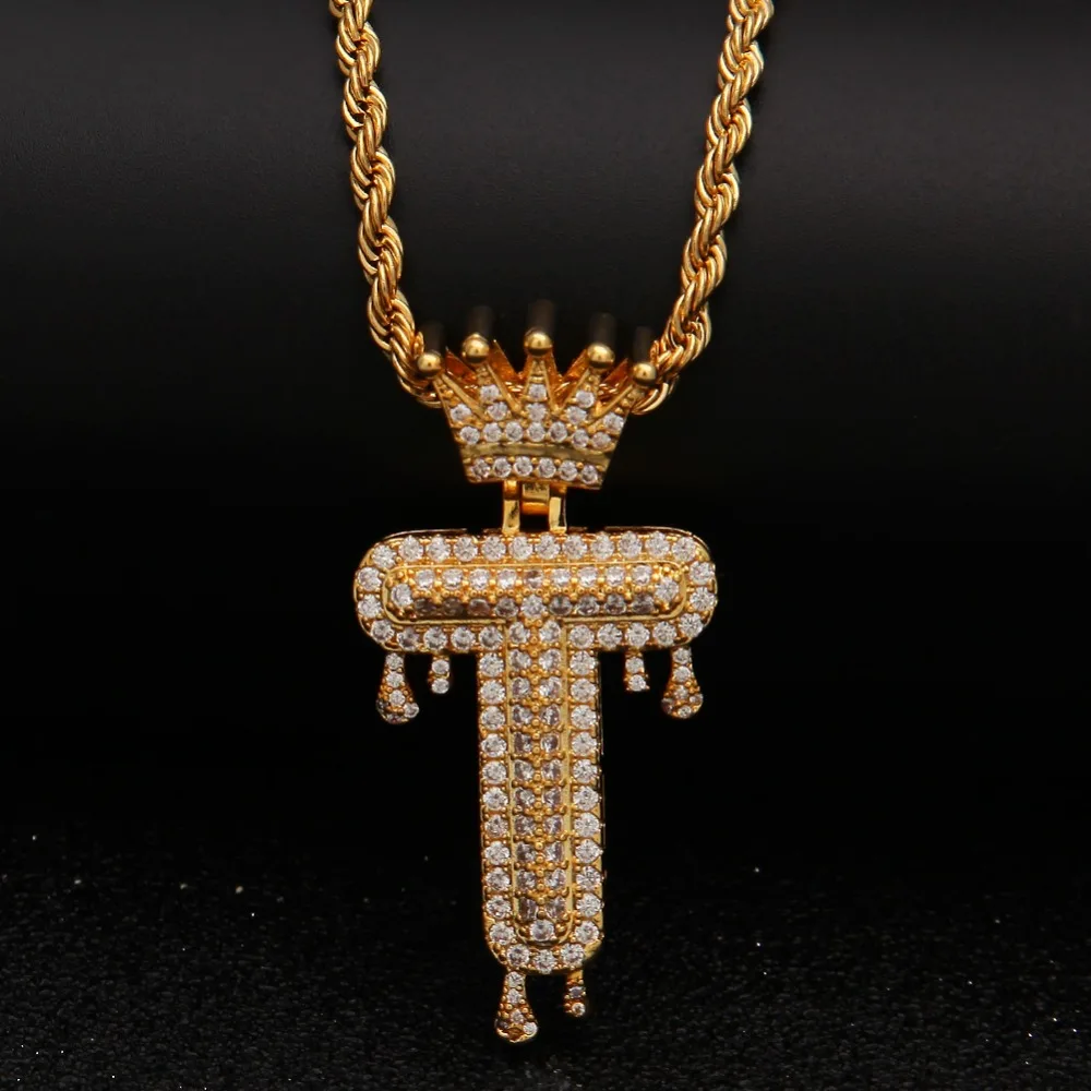 THE BLING KING Drip Crown Letters Name Necklace Iced Out Cubic Zirconia 26 English Bubble Initial Letters Pendant Jewelry Gifts