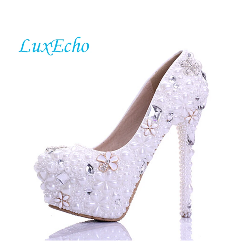 white pearl womens wedding shoes Bride 14cm high-heeled platform shoes woman round toe handmade single shoes