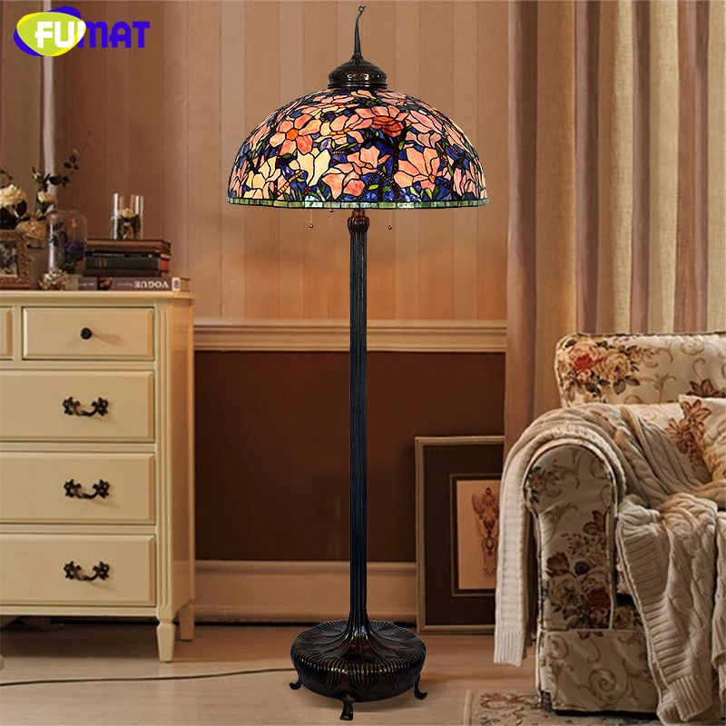 FUMAT High Quality Tiffany Stained Glass Lamp Large Copper StandFloor Lights For Living Room Artistic LED Glass Floor Lights