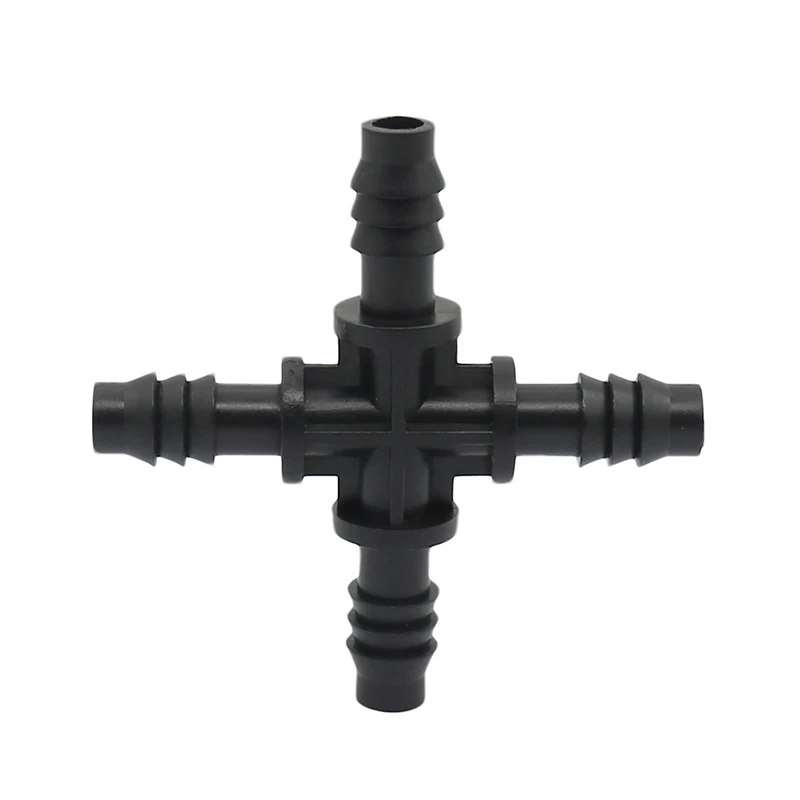 3/8 Inch 4-Way Connector Black Pipe Connector Plastic Garden Irrigation Hose Splitter with Barb for 8 / 11mm Hose 5 Pcs