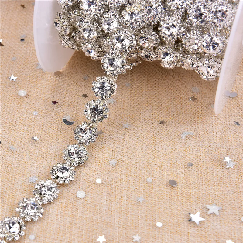 1 Yard Aaa-Grade Flower Crystal Clear Round Glass Rhinestone Cup Chain Rose Gold Base Dress Belt Trim Applique Sew On Garment