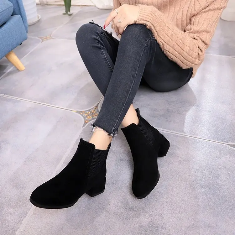 Autumn Winter Boots women Camel Black Ankle Boots For Women Thick Heel Slip On Ladies Shoes Boots Bota Feminina 35-41 image 2