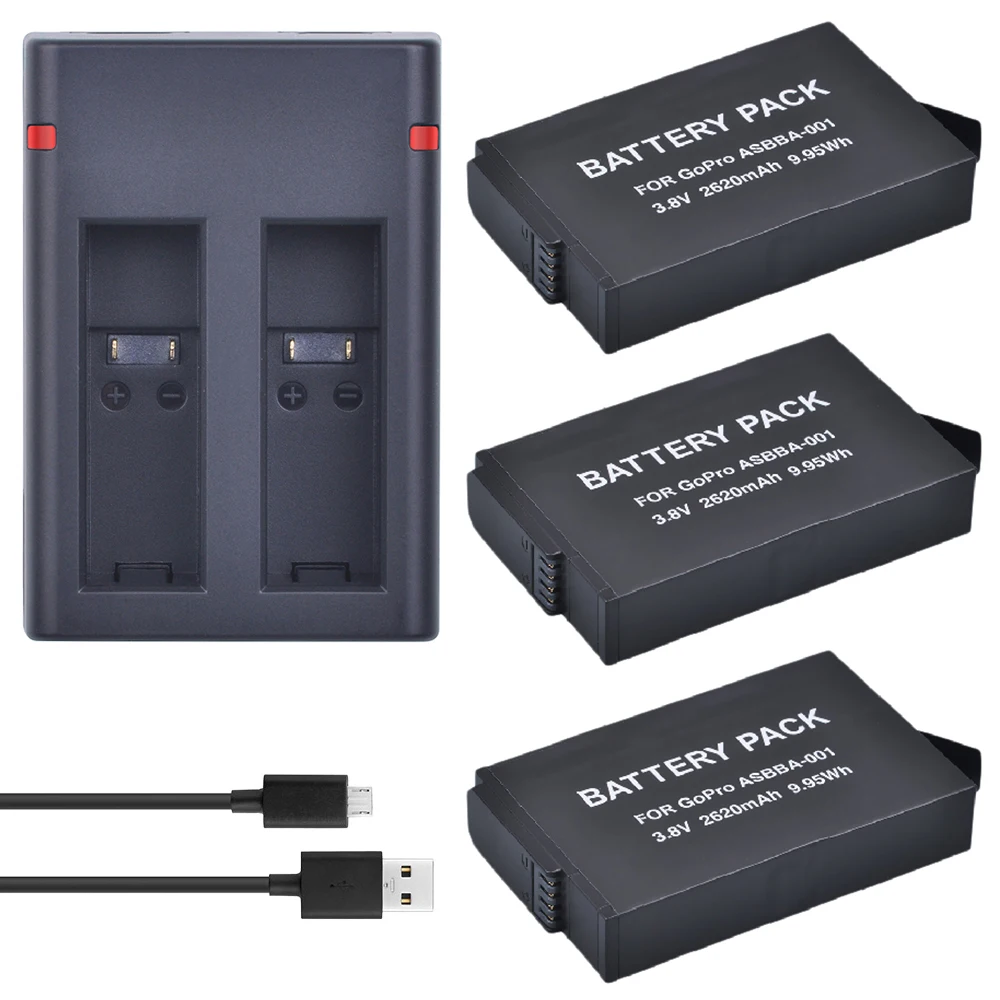 

Powertrust 3 шт 2620mAh для камеры GoPro ASBBA-001 литий-ионная батарея + USB двойное зарядное устройство для камеры Gopro Fusion 360 градусов