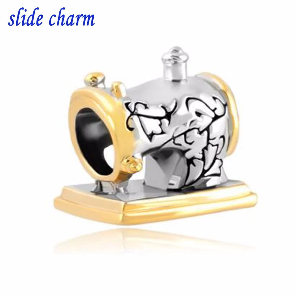 slide charm wholesale Free shipping Sewing Machine Lucky Charms Bracelets Two Tone Antique Vintage  fit Pandora bracelet