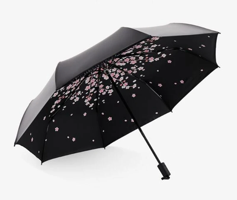 Lightweight Portable Folding Cherry Sun/Rain Umbrella Upscale Vinyl Printing Black UV Parasol Outdoor Windproof Bumbershoot