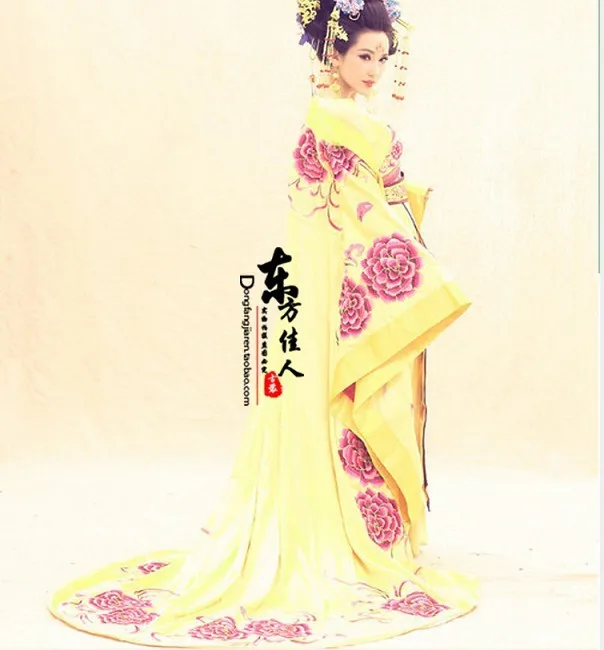 

Delicate Embroidery Yellow Empress Costume with Long Tail TV Play Legend of Chinese Empress Wu Meiniang Tang Costume Hanfu