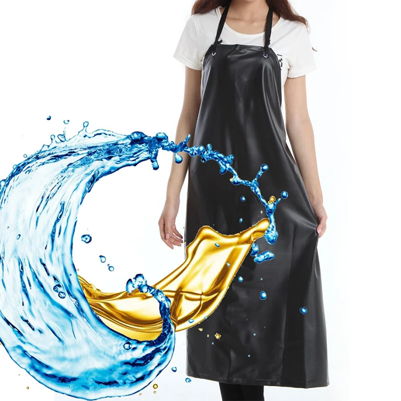 PU Leather Waterproof Apron PVC Black Cooking Cleaning Long Sleeveless Bib Aprons For Woman Man Chef Waiter Accessories