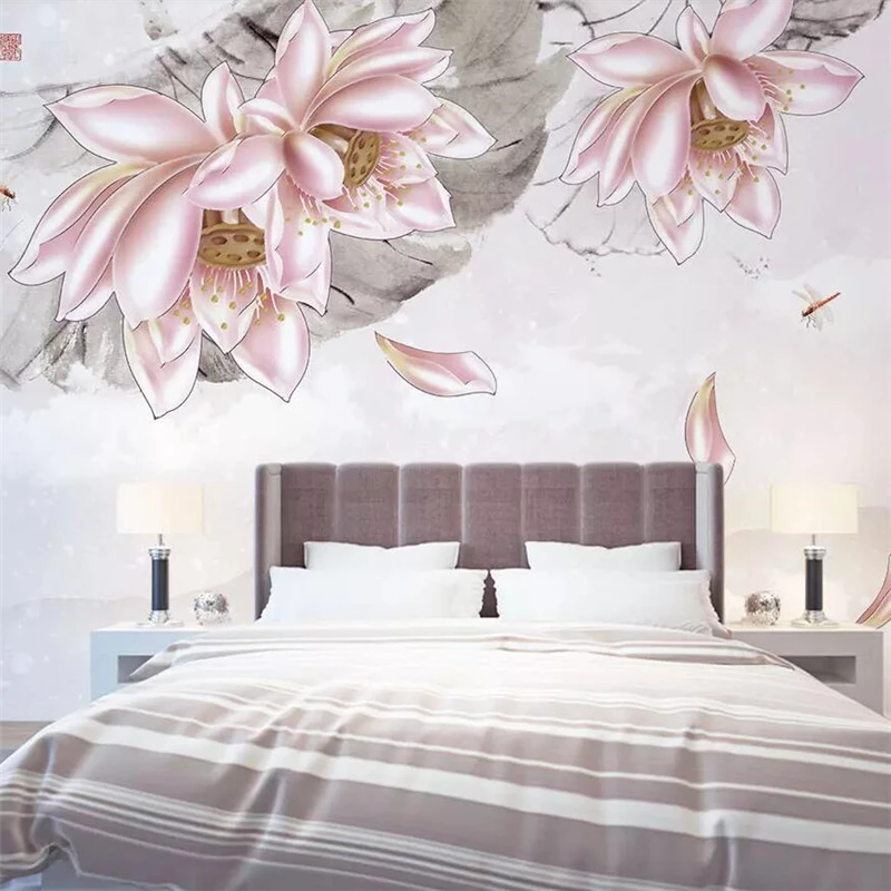 

wellyu Chinese elegant three-dimensional hand-painted red lotus landscape wall custom large mural wallpaper papel de parede