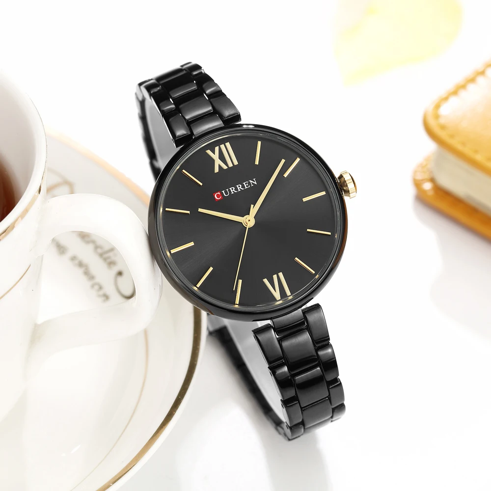 CURREN Fashion Black Women Watches Top Brand Luxury Classic Woman WristWatch Casual Simple Analog Quartz Ladies Wristwatch Clock