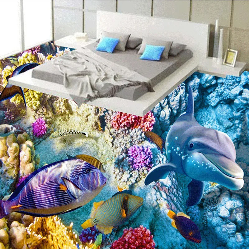 

beibehang Custom Floor Mural Wallpaper Dolphins Coral Tropical Fish 3D Bathroom Bedroom Floor Sticker Painting PVC Self-adhesive