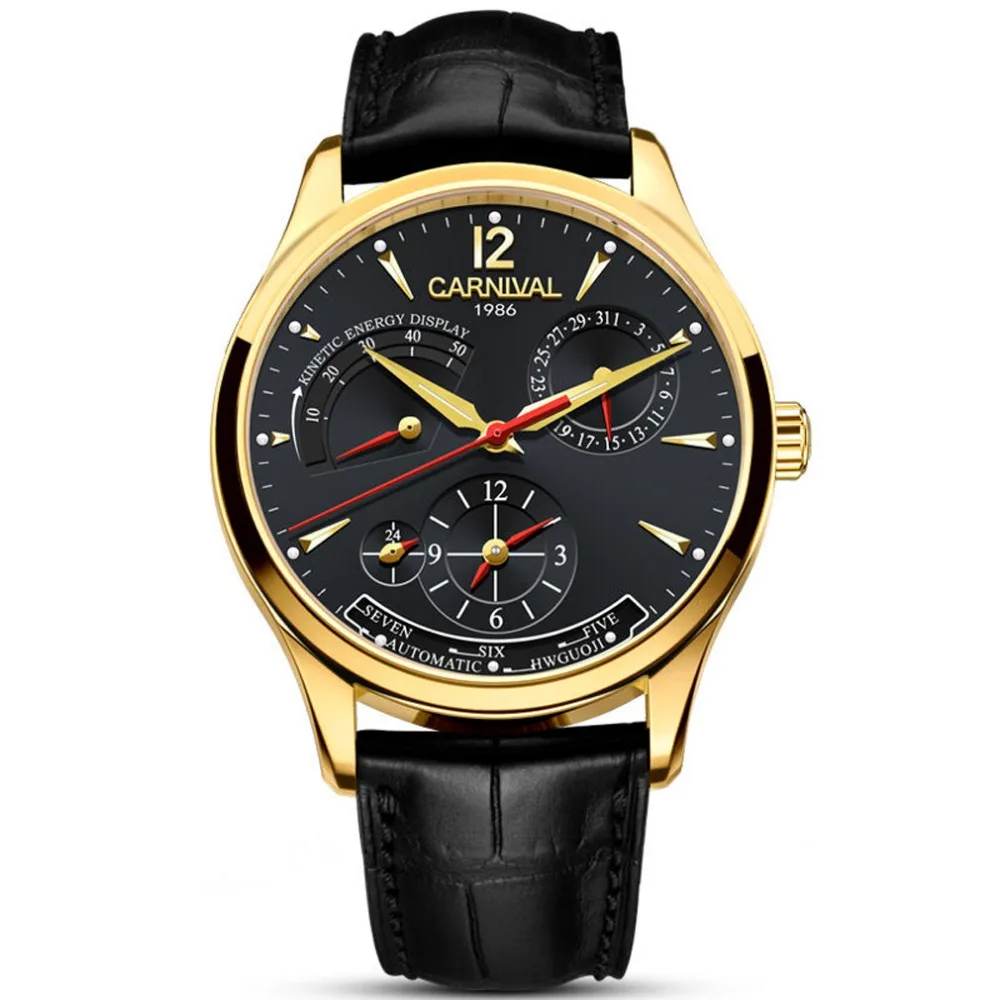 

Carnival Mens Dual Time Zone Display Multifunction Leather Watchband Automatic Mechanical Watch - gold bezel black dial