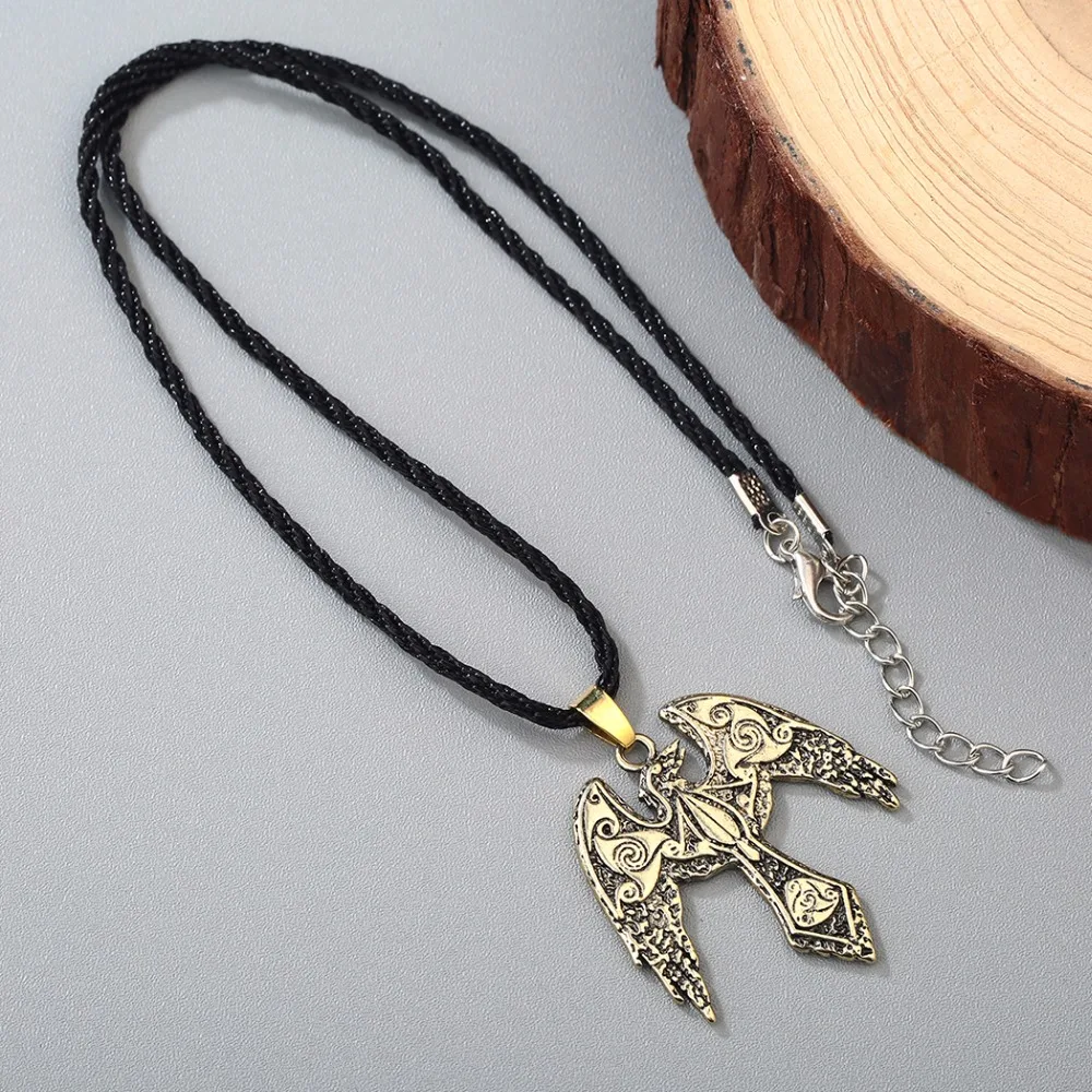 Kinitial Norse Viking Odin\'s Ravens Pendant Necklace Raven Triskelion Symbol Charm Animal Bird Necklaces Statement Runes Jewelry