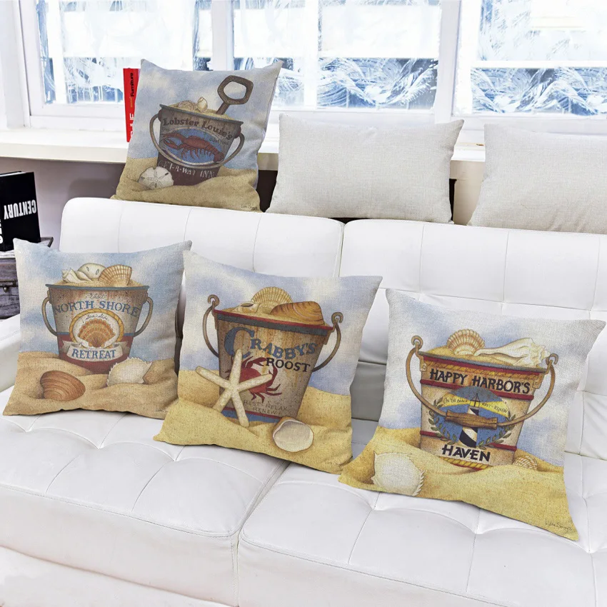 Bucket With Marine Lives Print Decorative Pillow Cushion Cover Sofa Linen Pillow Case Home Decor Hawaii Vintage Cushion Case