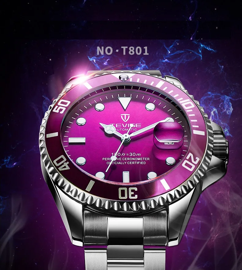 TEVISE Red Watch Men Creative Luminous Watches Date Waterproof Clock Man Blue Automatic Watch Purple Mechanical Wristwatches