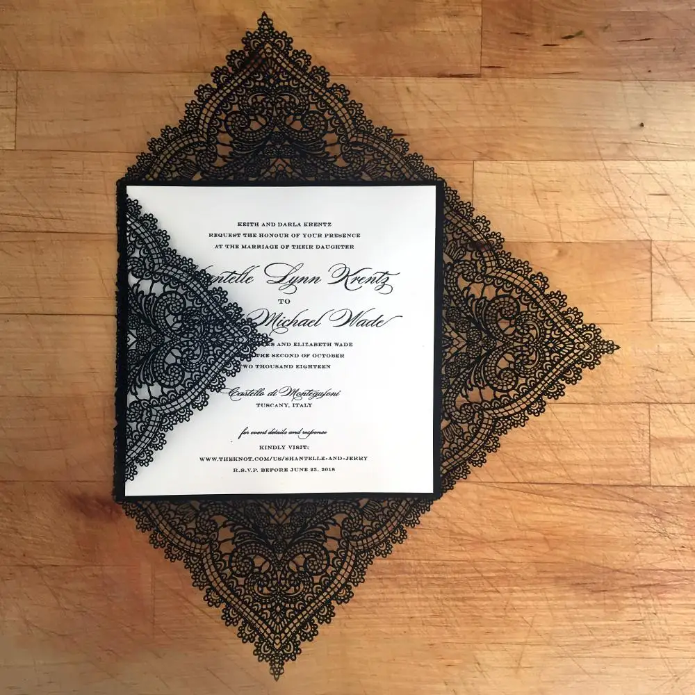 Black Lace Wedding Invitation Elegant Invitation Cards Personalized with your Invite Wording - Set of 50 pcs