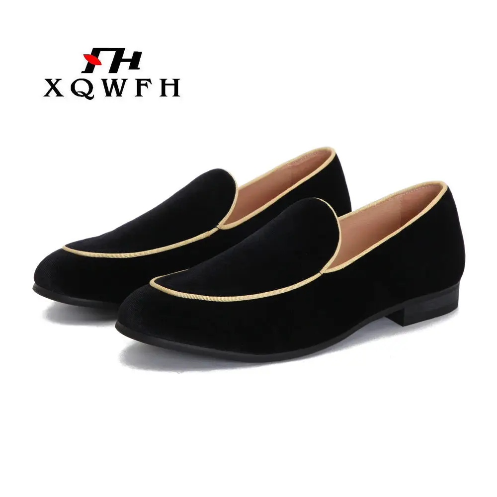 XQWFH Men Black Flock Loafers Noble Moccasins Shoes Men's Solid Casual Shoes Slip On Slippers Driving Flats Wedding Dress Shoes