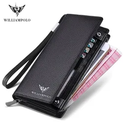 WilliamPOLO New Mens Wallet Zipper Hasp Long Genuine Leather Business Phone For Credit Cards Clutch Wallet Men POLO128A