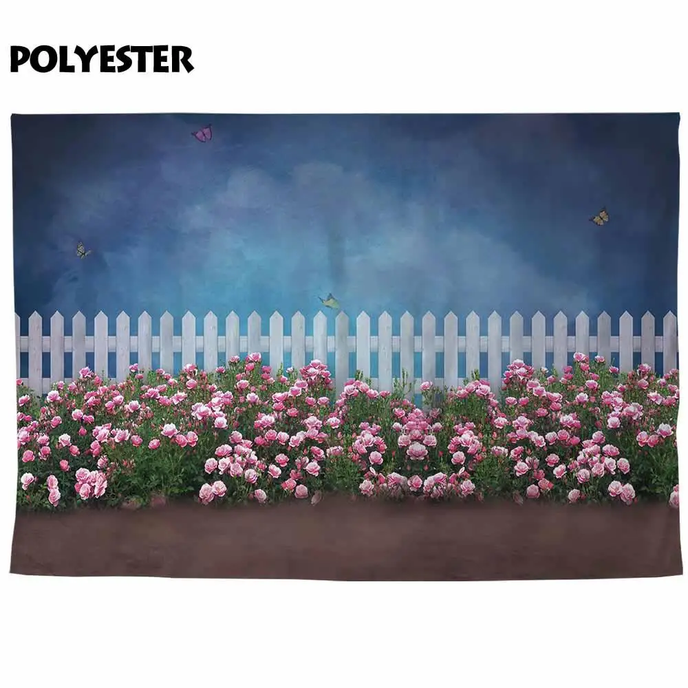 Allenjoy-Fondo de fotografía para estudio fotográfico, telón de fondo de primavera, cielo azul oscuro, valla de mariposa, flor rosa, utilería para sesión fotográfica