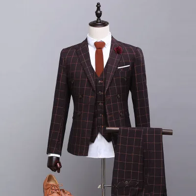 

British Plaid Gentlement Double Breasted Groom Suit/Men Costume/Men Party Wear/Wedding Suit B1208