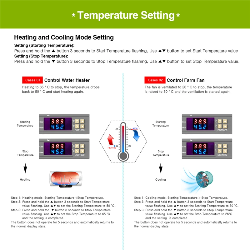 DST1000/1020 Digitaler Temperaturthermostat mit LED-Anzeige, Controller-Sensor, Dual-Modus für Inkubator, DC 12-72V, AC 110V 220V – Detail 16