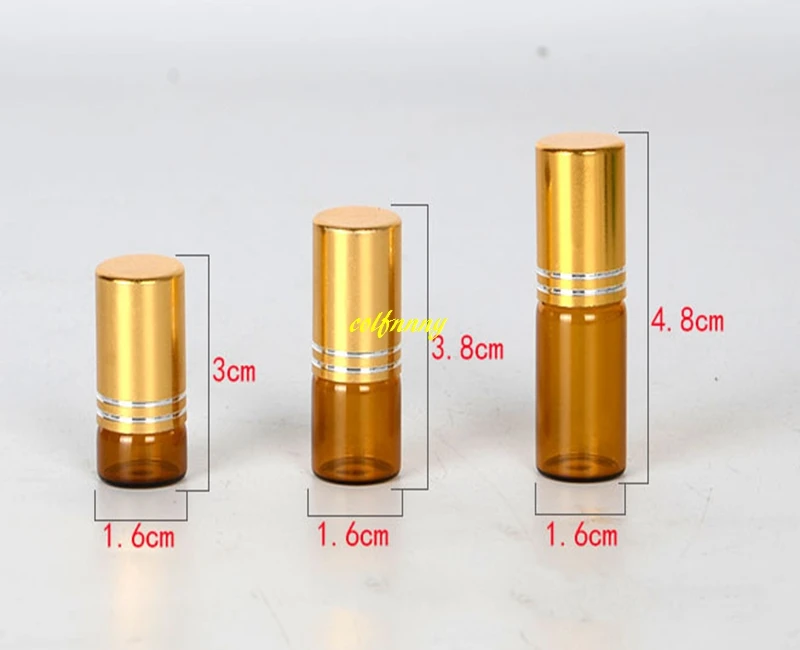 

900pcs/lot 1ML 2ml 3ML Roll On Glass bottle With gold cap Amber Refillable Perfume Bottles Empty Essential Oil container