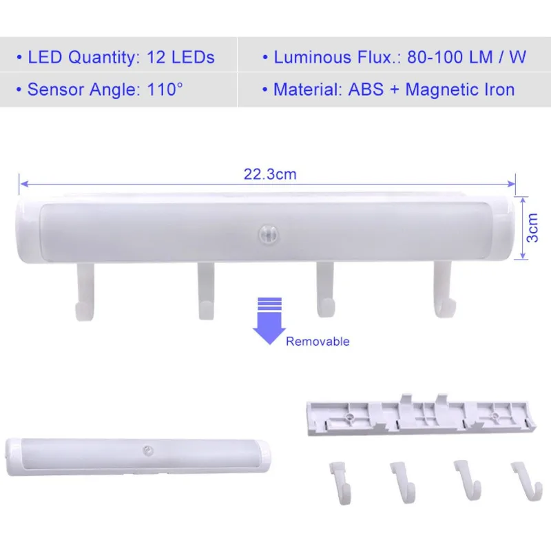 Imagem -03 - Sensor de Movimento Luz da Noite Potável Led Luzes do Armário Lâmpada de Parede Alimentado por Bateria sem Fio Gabinete Leds Lâmpada com Tira Magnética