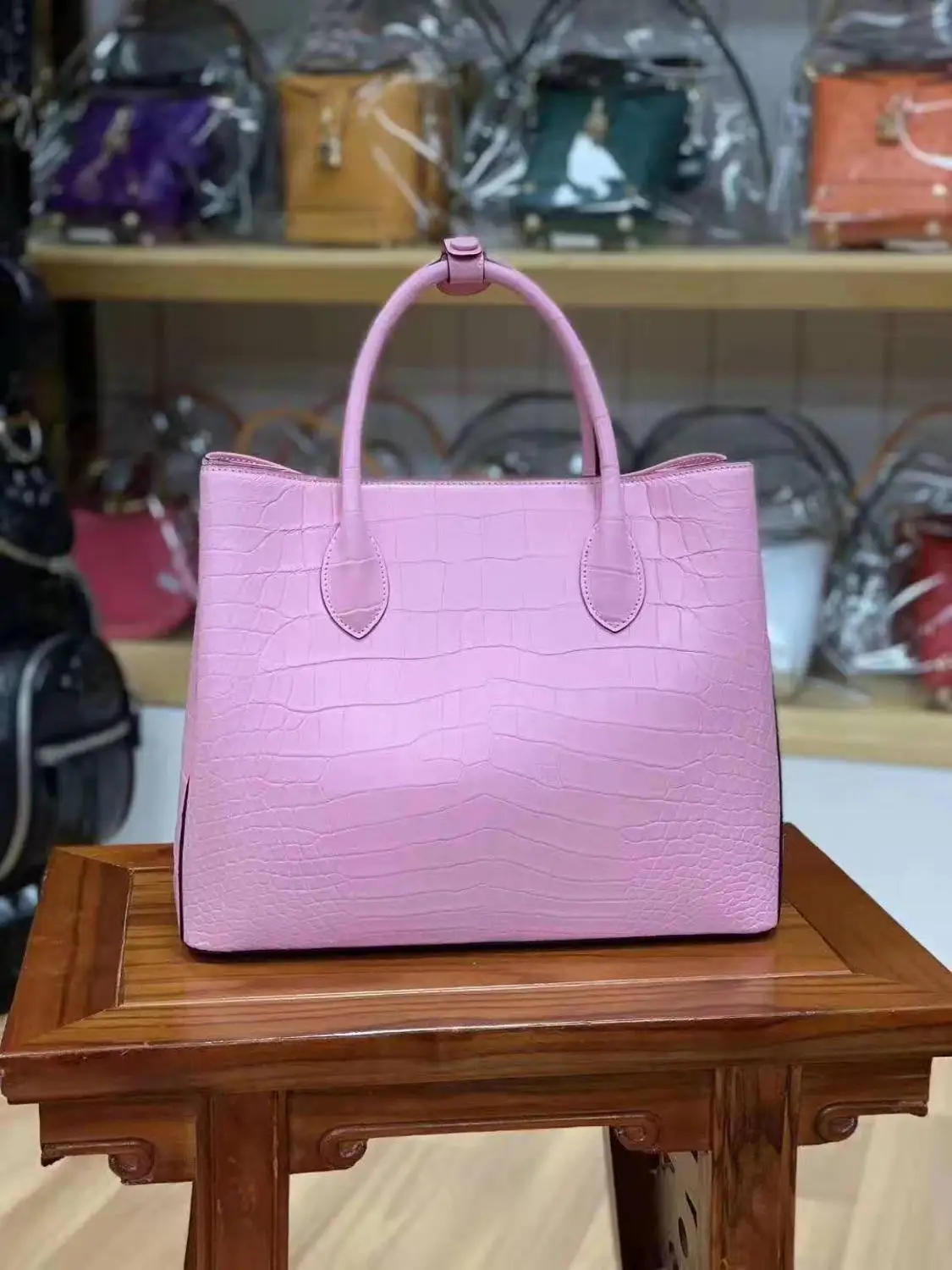 100% genuine crocodile skin  leather women tote handbag matt belly crocodile skin pink beige color stock with cow lining