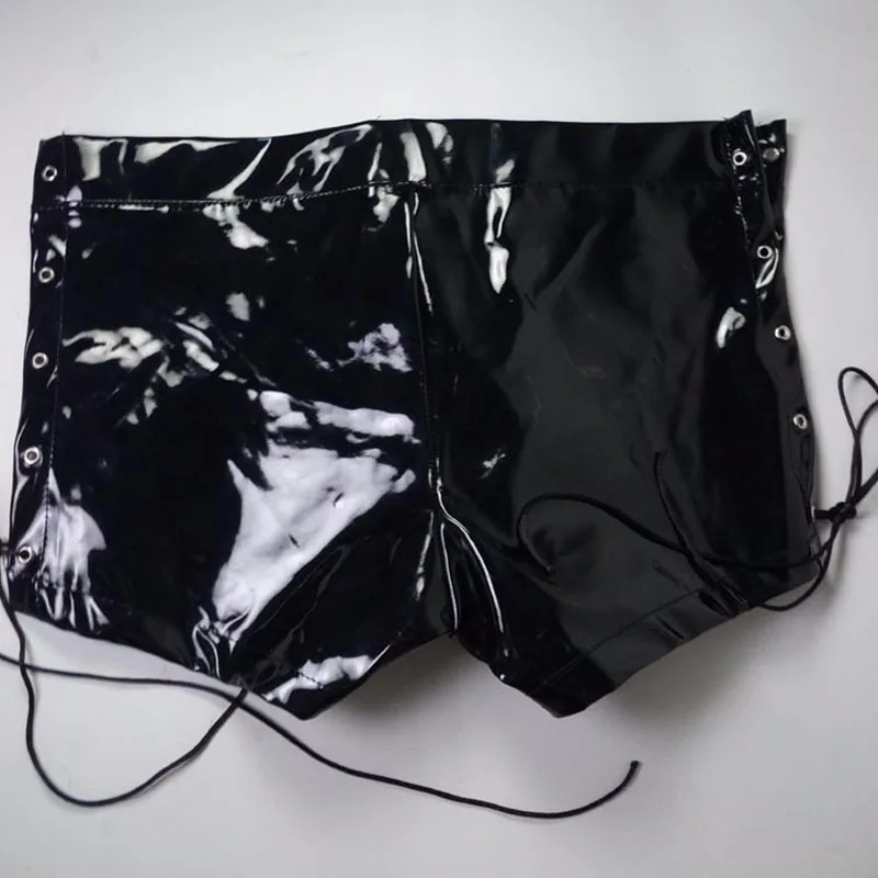 Wetlook Faux Leather Boxer Black Sex Gay Zipper Front Men Panties Sexy Hot Erotic Hollow Out Side Underwear Vinyl Boxer Shorts