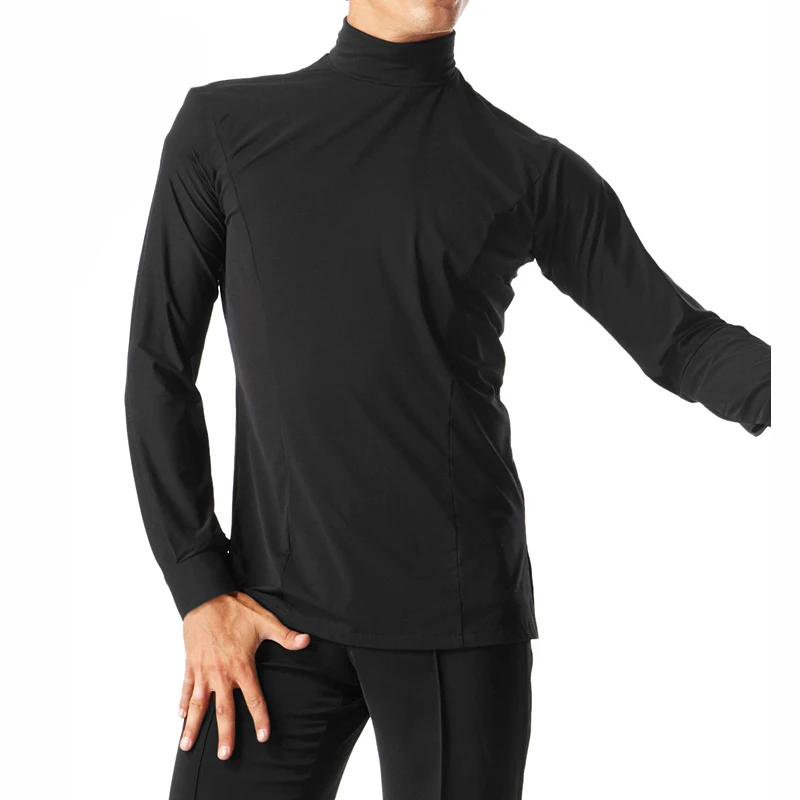 New Hot Latin Tops Men Costume Black Long Sleeve High Collar Adult Chacha Rumba Tango Professional Black Latin Dance Wear VDB644