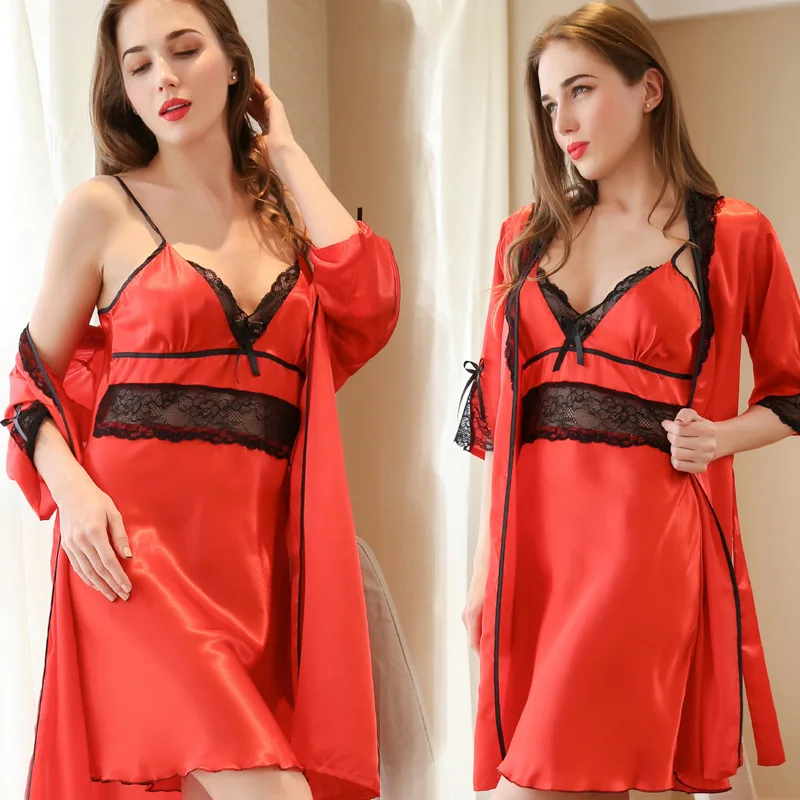 

Women's Silk Pajamas Suspenders Lady Sexy Silk Robe and Dress 2pcs Nightgown Sexy Robe Bathrobe Lace Decorate Sleepwear D-1056