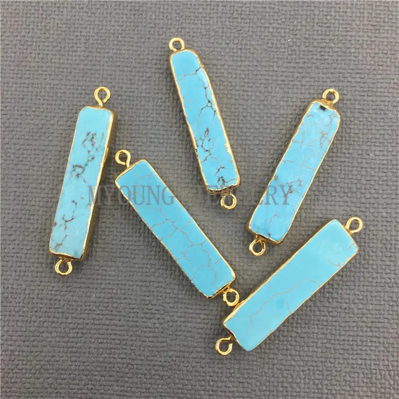 MY0344 Blue Rectangular Howlite Connector,Natural Stone Pendant Charm with Double Gold Color Bails for Necklace or Bracelet