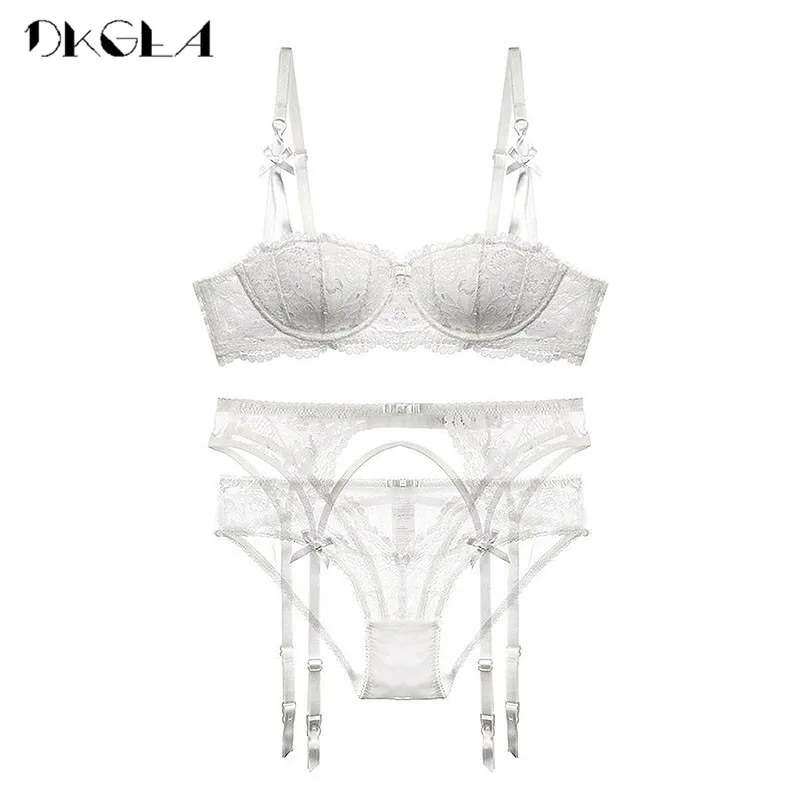 White Bras Push-Up Women Lingerie Set Cotton Brassiere Embroidery Lace Bra Set 3 Piece Bra+Panties+Garter Sexy Underwear Set