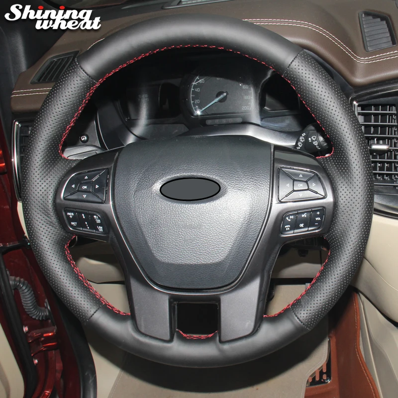 

Shining wheat Black Genuine Leather Hand-stitched Car Steering Wheel Cover for Ford Ranger Everest 2016