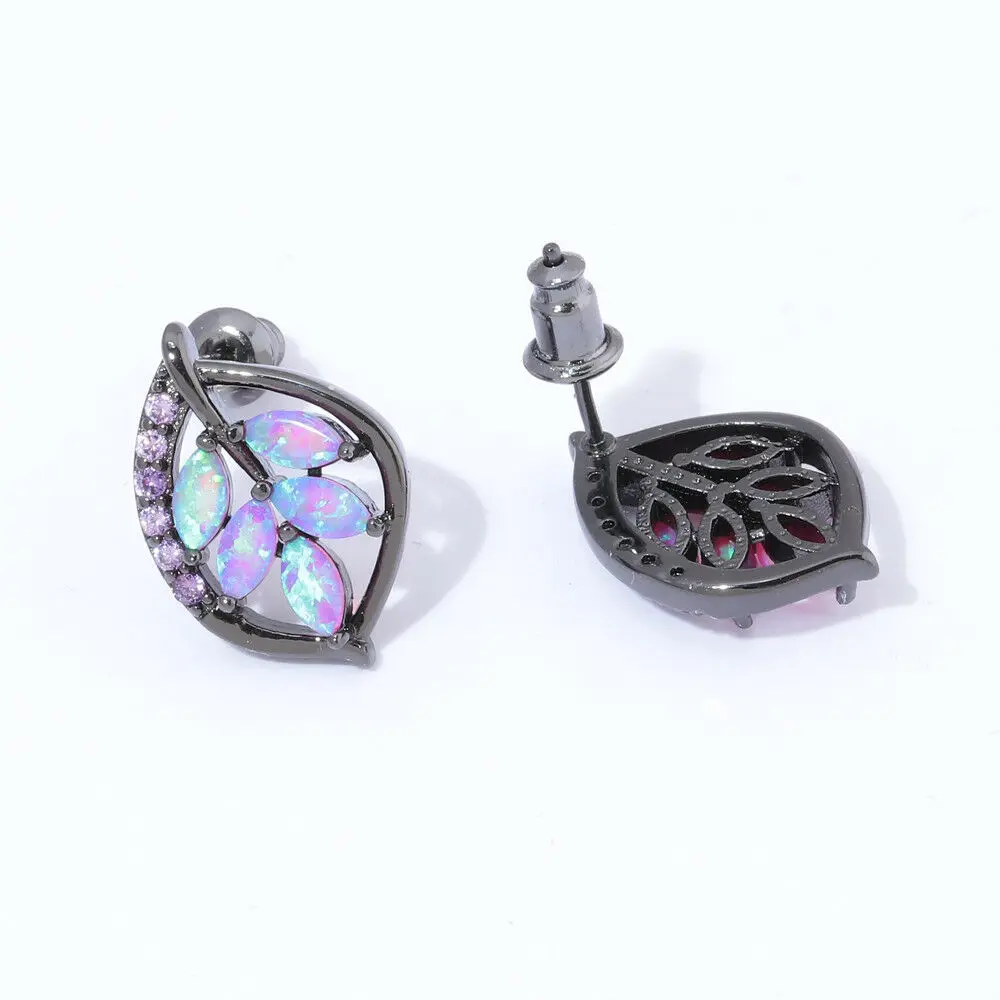 CiNily Purple Fire Opal Stud Earrings Black Gold Color Purple Zircon Crystal Leaves Leaf Natural Spring Jewelry for Women Girls