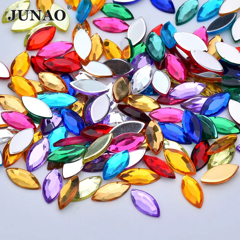 JUNAO 7*15mm Black Horse Eye Rhinestones Applique Flatback Acrylic Gems Non Hotfix Crystal Stones For Dress Jewelry Making