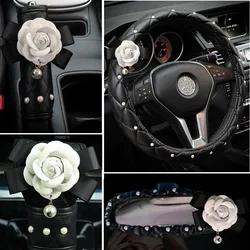 Crystal Rhinestones Camellia Flower Car Interior Accessories Women Leather Steering Wheel Cover Hand brake Gear Cover Seat Belt