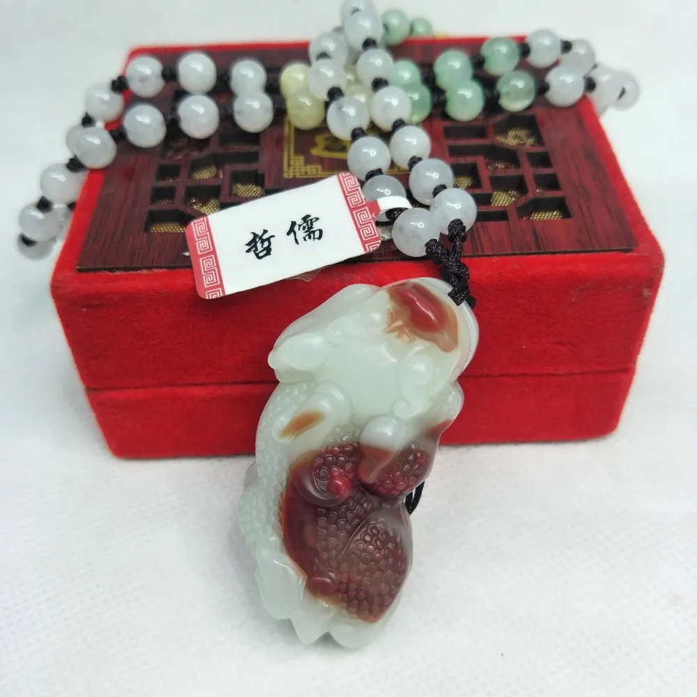 Zheru Jewelry Pure natural chicken blood jade carving sacred beast pendant Three-color jade jade necklace Sending a certificate