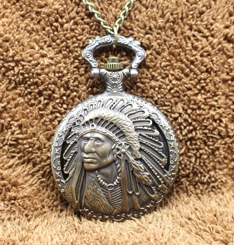 Antique Retro Indian People Quartz Pocket Watch Chain Bronze Watches for Men And Women Gift Relogio De Bolso