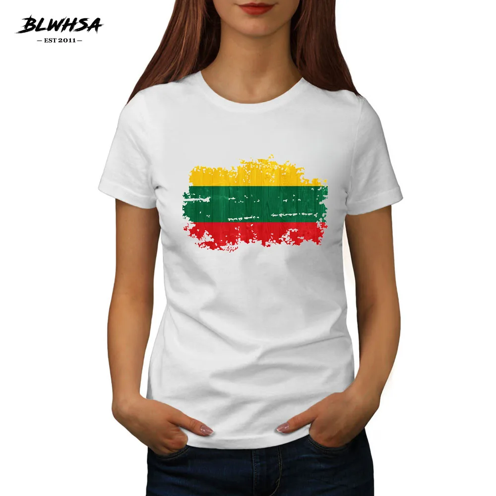 BLWHSA Summer Tee Top Women Fashion O-Neck  Casual Lithuania National Flag High Quality Nostalgic Printed Female T-Shirt