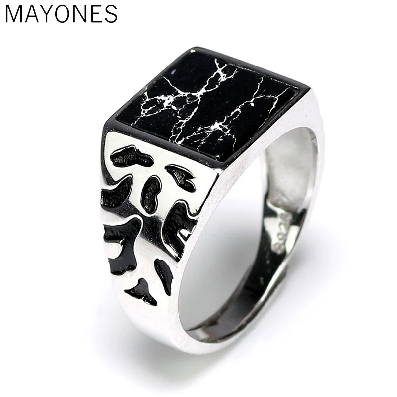 Real 925 Sterling Silver Vintage Men's Rings Adjustable Square Shaped Black Stone Flower Pattern Design Male Turkey Jewelry