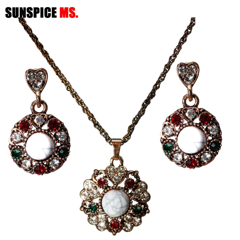 Sunspicems Vintage Turkish Jewelry Sets for Women Bohemia Bride Wedding Jewelry Natural Stone Indian Earring Necklace Sets Gift