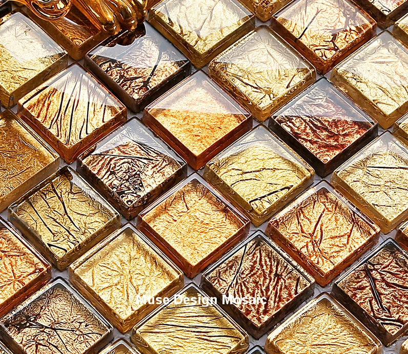 

DIY Home decor Copper Gold Foil Crystal Glass Mosaic Wall tile for Kithchen backsplash bathroom border tiles Wallpaper Sticker