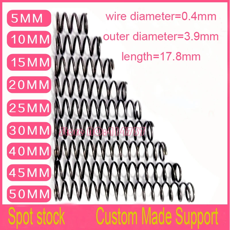 50pcs 0.4*3.9*17.8mm  spring steel Small spot spring  0.4mm wire micro compression pressure spring OD=3.9mm