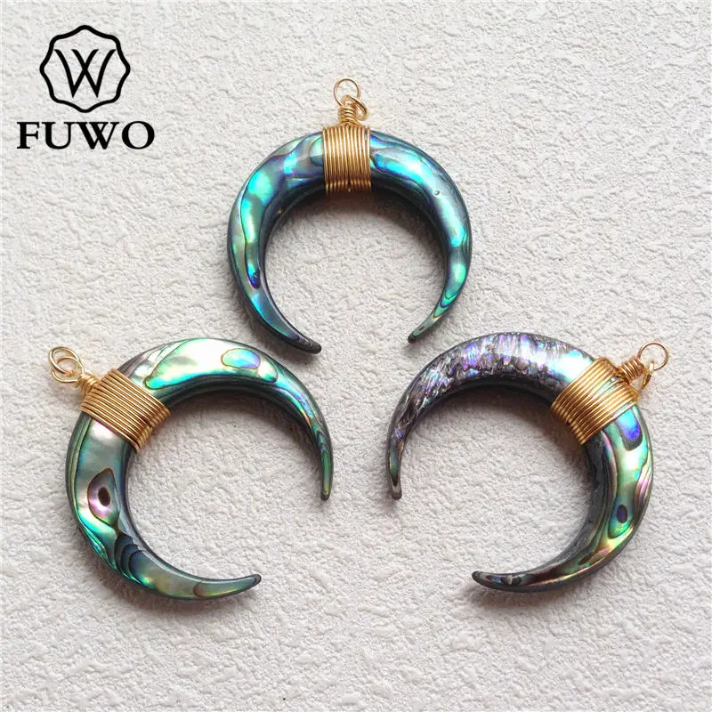 FUWO Wholeasle Big Size 35mm Abalone Shell Crescent Pendant,Golden Wire Wrap Moon Accessories For Women Jewelry Making 5Pc PD563