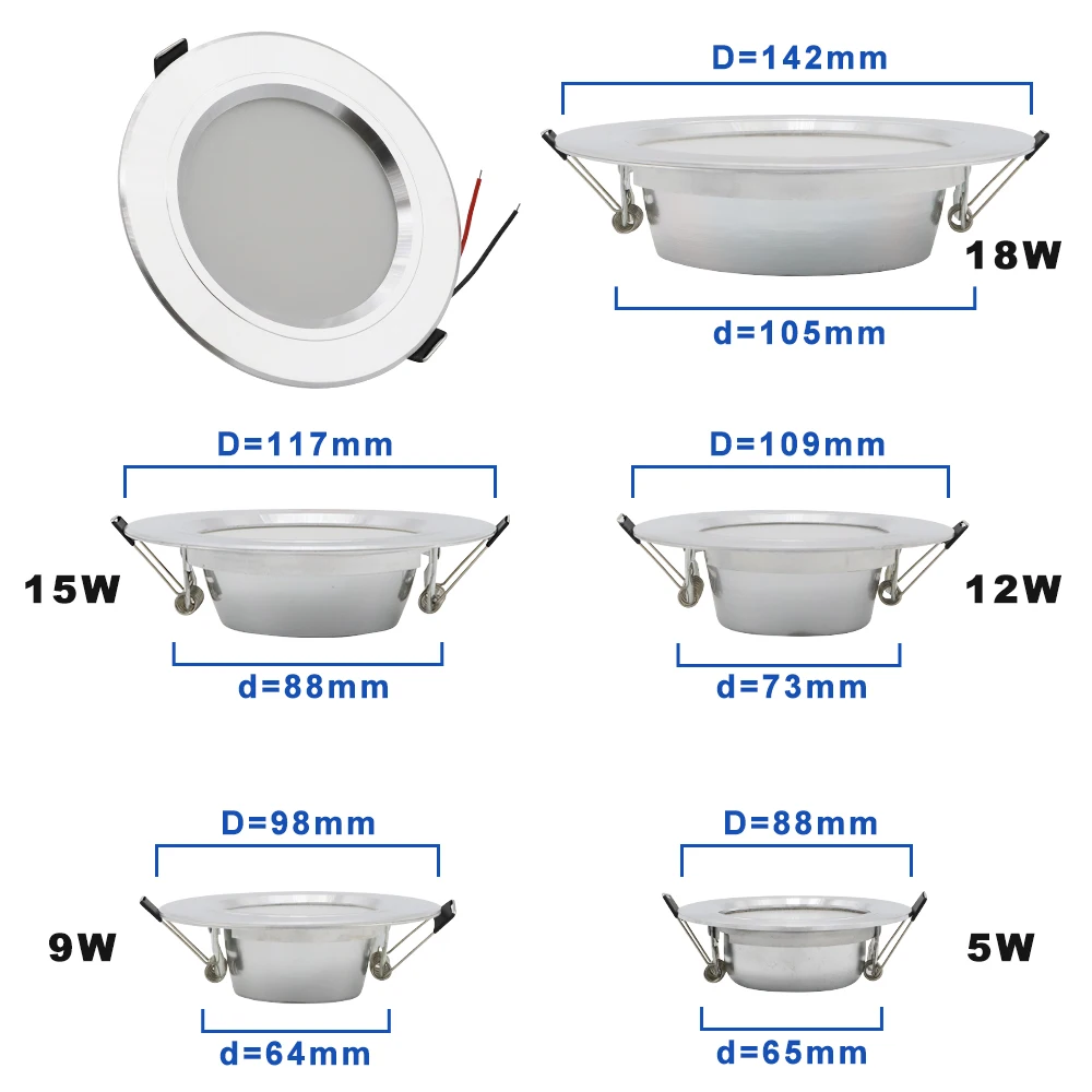 Ac 220v led downlight gouden zilverkleurige plafondlamp ronde inbouw 5w 9w 12w 15w 18w led gloeilamp wit/warm wit led down lamp