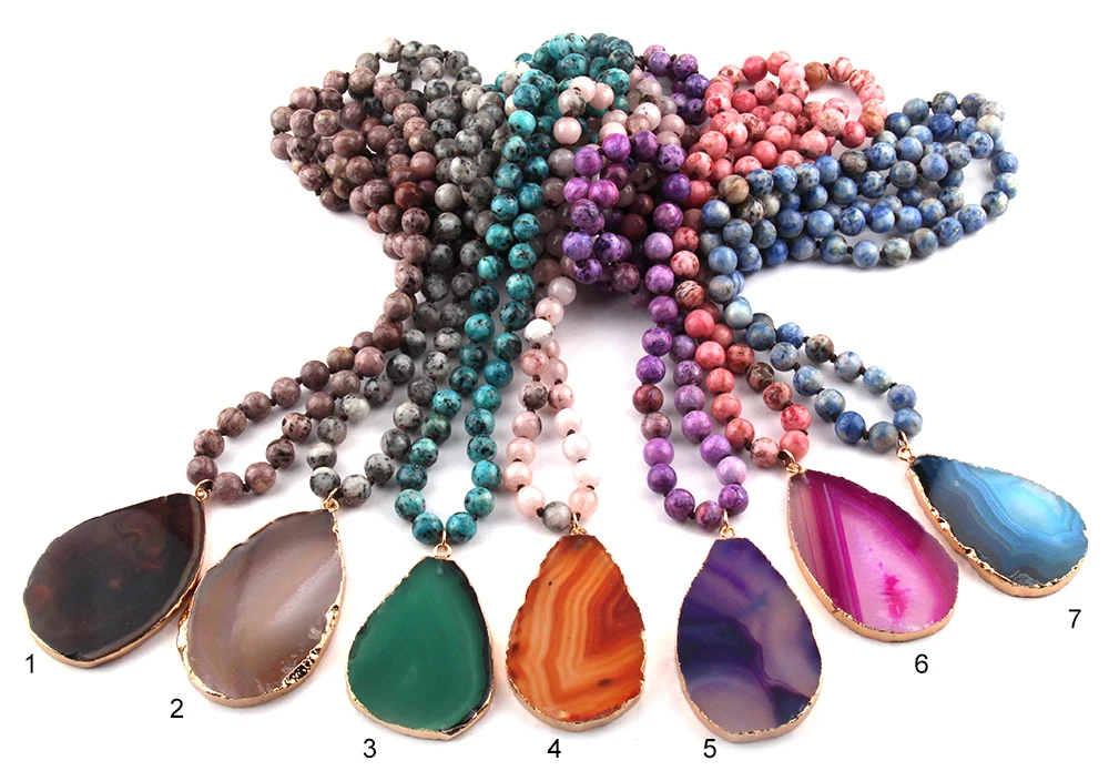 Fashion Semi Precious Stones Long Knotted Stone Agat Drop Pendant Necklaces Women Ethnic Necklace