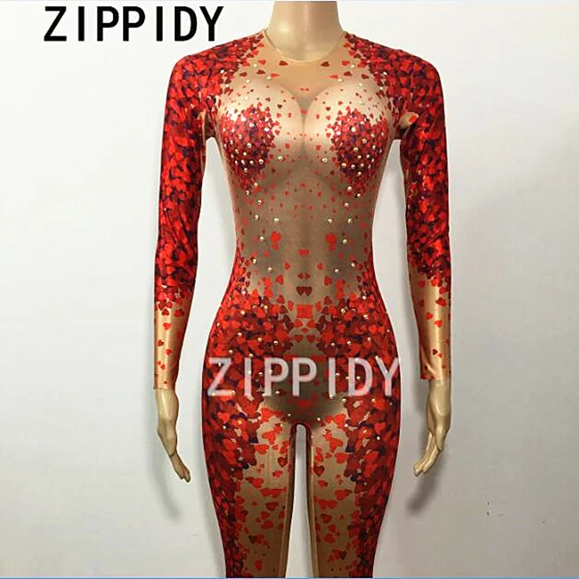 Glisten Rhinestone Red Heart Shape Pattern Jumpsuit Big Stretch One-piece Female Singer Show Nightclub Women\'s Party Prom Romper