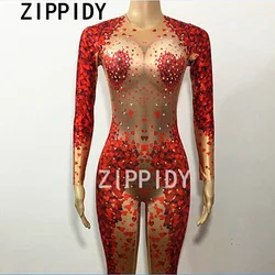 Glisten Rhinestone Red Heart Shape Pattern Jumpsuit Big Stretch One-piece Female Singer Show Nightclub Women's Party Prom Romper